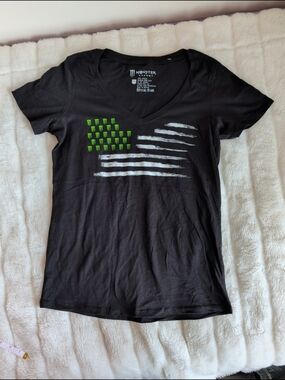 Monster Energy Black V‑Neck Tee with Neon Green Logo Flag